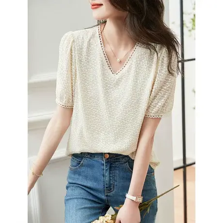 时尚气质V领短袖衬衫2023年夏季新款淑女温柔甜美显瘦通勤上衣图片