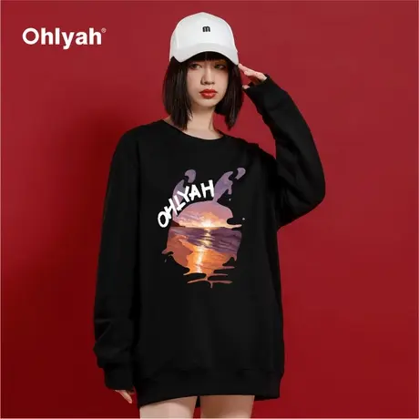 Ohlyah卫衣女2023秋冬新款圆领设计感小众黑色卫衣宽松韩版小个子商品大图