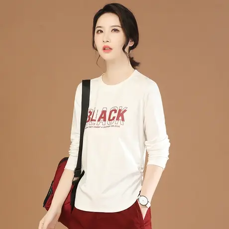 韩潮袭人正肩印花长袖白T恤女2023秋季新款休闲打底衫设计感上衣商品大图