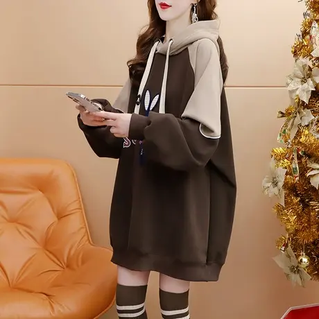 加绒加厚连帽卫衣女中长款2023新款秋冬季爆款洋气宽松设计感外套图片