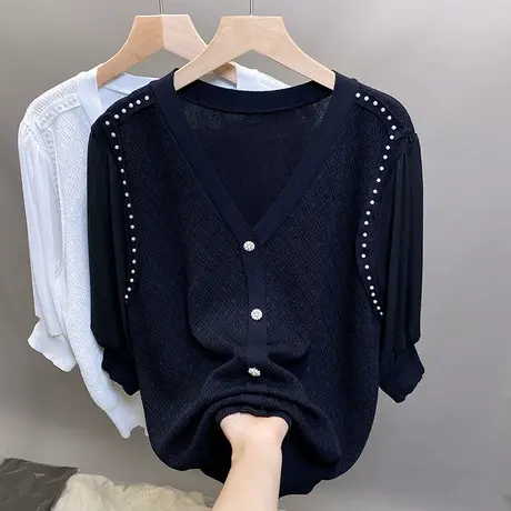v领冰丝针织开衫女2023夏秋新款宽松外穿上衣雪纺钉珠七分袖外套商品大图