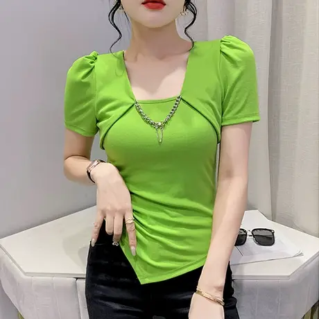 下摆不规则上衣女短袖2023夏季新款洋气泡泡袖T恤设计感小众半袖商品大图
