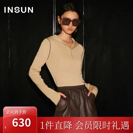 恩裳COVER2023秋装新款美拉德连帽撞色条半拉链羊毛修身针织衫女商品大图