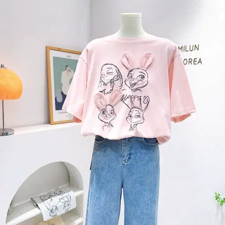 ins奶呼呼甜美可爱兔子短袖上衣2023夏款韩版减龄休闲别致纯棉T恤图片