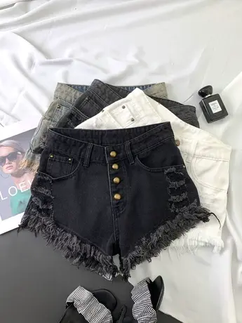 韩版排扣磨破牛仔短裤2023秋季新款显瘦百搭高腰裤辣妹毛边a字裤图片