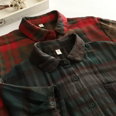 夏季韩版复古双层棉纱红格子短袖衬衫女学生宽松休闲百搭中袖上衣商品大图