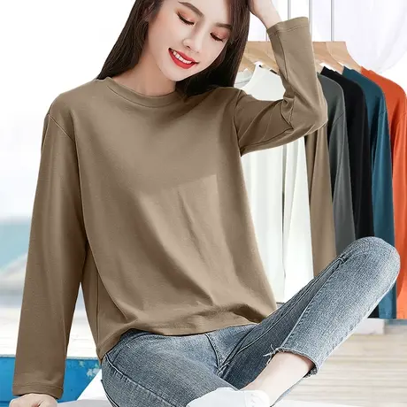 小圆领长袖t恤女宽松卡其色长袖打底衫洋气减龄上衣黑色内搭体恤图片