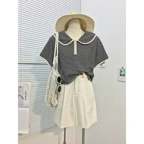 韩版休闲拉链苹果领短袖宽松T恤小个子减龄学院polo条纹上衣女潮商品大图