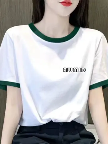 纯棉短袖t恤女2023新款夏季小众设计感正肩洋气遮肉显瘦撞色上衣图片