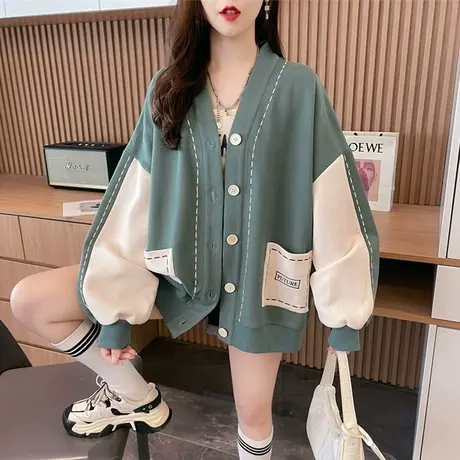 早秋装小个子外套女春秋季韩版宽松薄款撞色慵懒风棒球服开衫卫衣图片