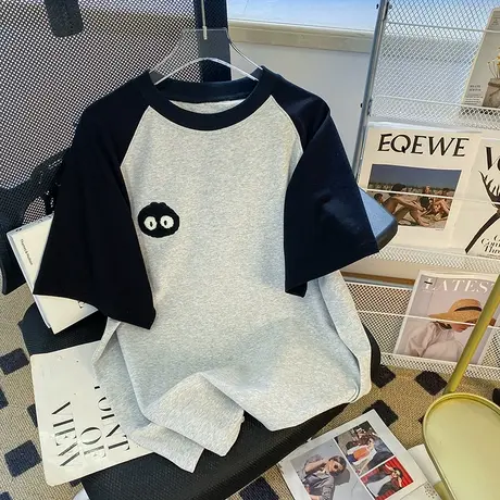 纯棉设计感插肩短袖t恤女夏季新款潮牌小众美式复古港味宽松上衣图片