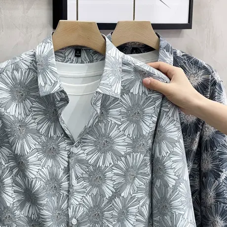 复古花衬衫男高级感春秋新款修身休闲潮流男装上衣衬衣长袖男夏季商品大图