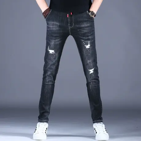 男士破洞休闲牛仔裤男款修身小脚弹力裤子男2023新款秋款薄款潮流商品大图