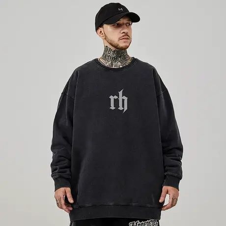 水洗做旧oversize美式复古圆领卫衣男ins大码男装加绒秋冬季重磅商品大图