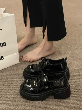 英伦厚底增高小皮鞋女2023秋冬款黑色乐福鞋复古系带百搭粗跟单鞋商品大图