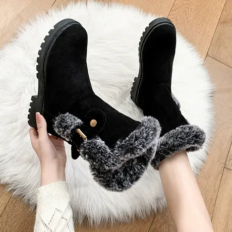 兔毛雪地靴女短靴2023新款冬季保暖加绒加厚底粗跟棉鞋中筒女靴子商品大图