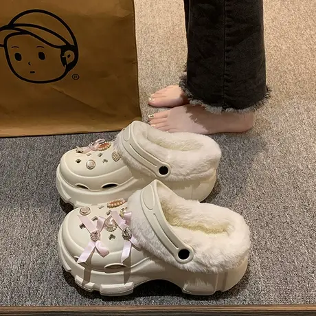 可爱包头毛毛拖鞋女外穿加绒保暖防滑厚底增高秋冬季新款洞洞棉鞋商品大图