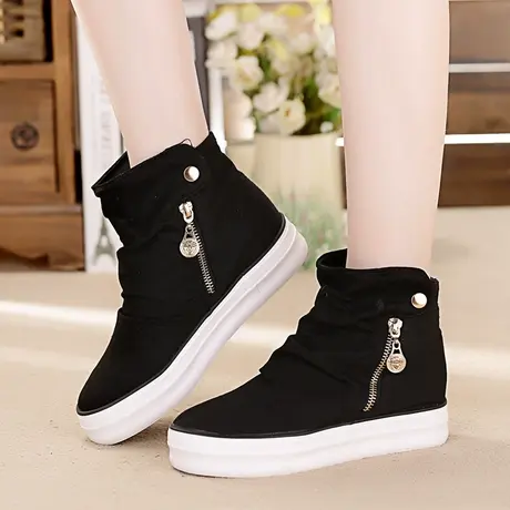 春秋季高帮帆布鞋女韩版厚底内增高侧拉链休闲松糕女鞋学生潮鞋子商品大图
