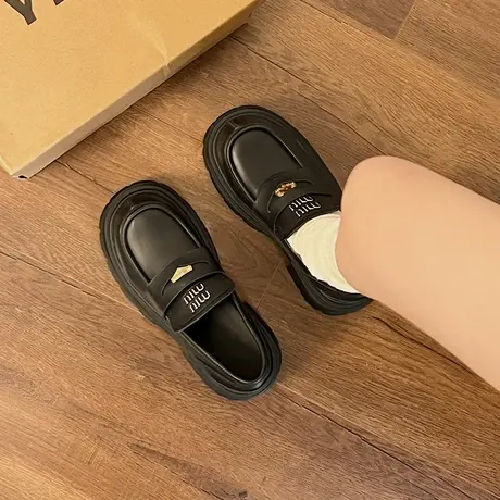 黑色复古英伦风厚底小皮鞋女2024新款春季一脚蹬粗跟法式乐福鞋子商品大图