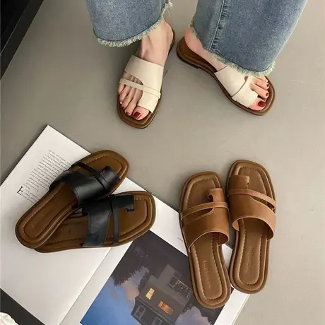 套趾拖鞋女鞋子2024年新款夏季韩版复古简约配裙子一脚蹬罗马凉鞋图片