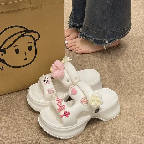 凉鞋女夏季ins潮可爱蝴蝶结花朵厚底增高两穿防滑沙滩凉拖鞋外穿商品大图