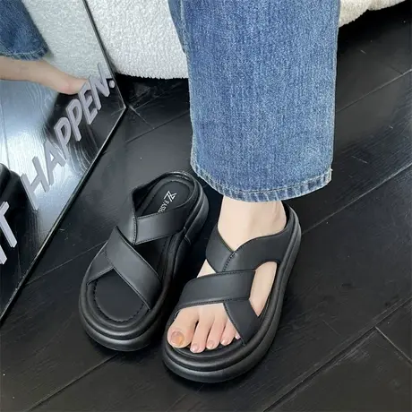 小个子厚底露趾拖鞋女2024春夏季新款复古百搭凉拖轻便透气沙滩鞋图片