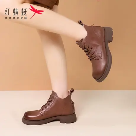 红蜻蜓女鞋真皮靴子短靴软皮低帮马丁靴女款2023新款秋冬季英伦风商品大图
