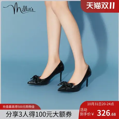 millie's/妙丽新款漆牛皮蝴蝶结甜酒鞋尖头高跟鞋女单鞋SGI12CQ2商品大图