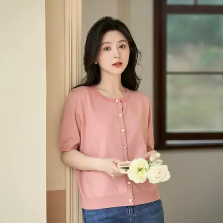 茵曼法式复古气质针织开衫2023夏女装新款撞色圆领短袖显瘦薄上衣图片