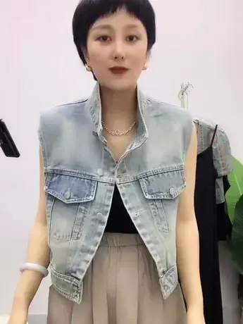 复古蓝色牛仔短马甲外套春夏新品2023韩版设计感小众百搭背心马甲商品大图