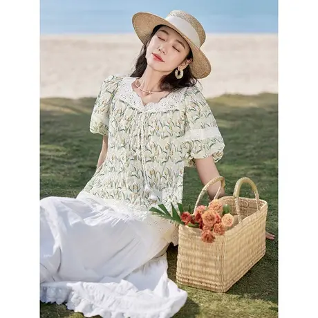 茵曼法式清新衬衣2023夏女装新款方领拼接镂空花边盐缩印花上衣商品大图