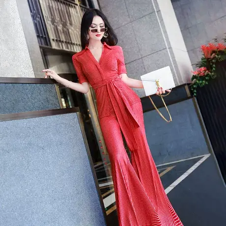 VJE夏装气质V领休闲套装女新款针织条纹短袖上衣阔腿裤两件套图片