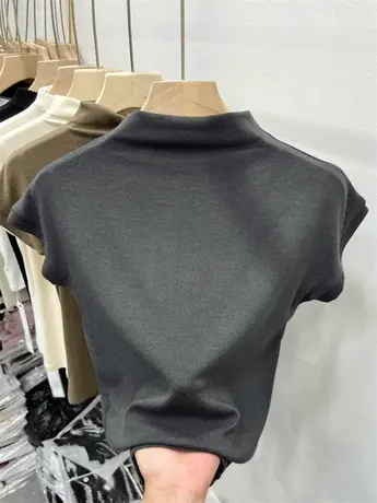 半高领软糯飞飞袖上衣女2023夏季新款纯欲修身T恤灰色无袖打底衫图片