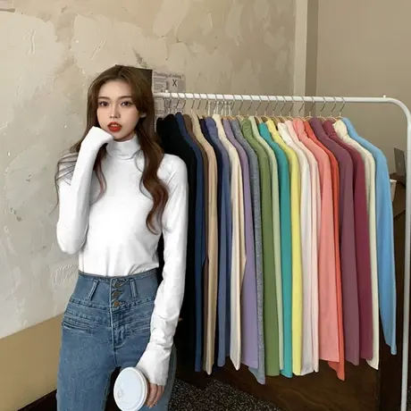 2023年早春秋冬半高领新款女装辣妹长袖T恤ins打底衫内搭上衣服潮商品大图