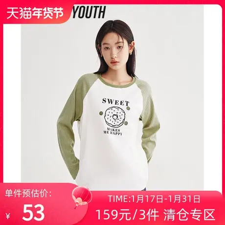 TOYOUTH初语T恤女2023春季新款插肩复古撞色纯棉舒适显白上衣图片