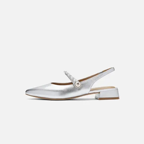 Nine West/玖熙2025年夏季新款包头凉鞋女珍银色钻绊带低跟女鞋图片