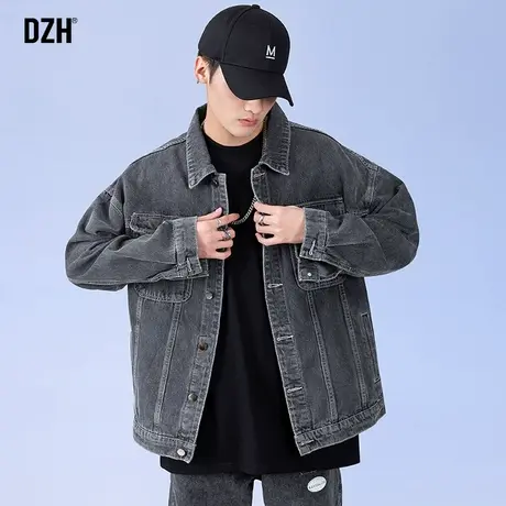 男士黑灰色牛仔外套男秋款潮牌美式复古男装2023新款秋装教练夹克商品大图