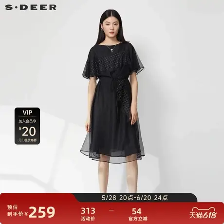 【新品上新】sdeer圣迪奥圆领格纹收腰网纱短袖连衣裙S23281212图片
