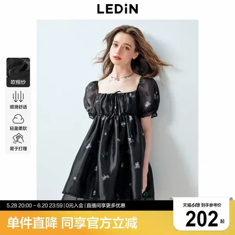 乐町高腰泡泡袖公主裙年夏季新款甜美梦幻黑色碎花撑感蓬蓬裙商品大图