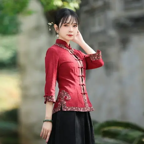 筠雅唐装新国风中式上衣女立领气质盘扣2025春秋款外套茶服24J143图片