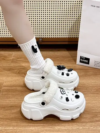 加绒洞洞鞋棉拖鞋女士秋冬季2023新款防滑保暖踩屎感厚底毛绒棉拖商品大图