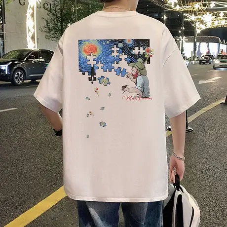 短袖t恤男夏季新款纯棉圆领休闲体恤港风宽松透气潮牌男生上衣服商品大图