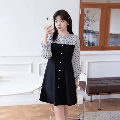 2023秋装新款拼接撞色提花遮肉A字胖MM雪纺气质连衣裙显瘦大码商品大图