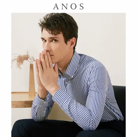 ANOS/亚诺司湖蓝色条纹扣领衬衫职业上班全棉商务修身男休闲衬衣商品大图