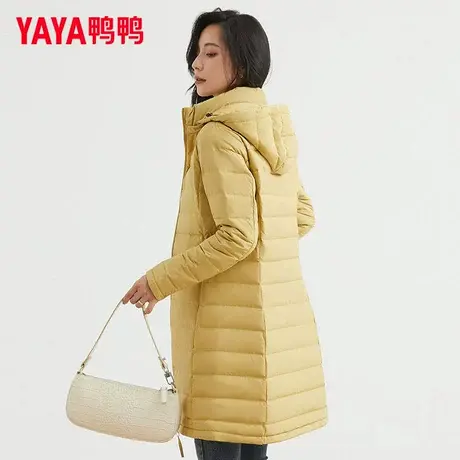 鸭鸭2024年新款中长款秋冬轻薄羽绒服女时尚简约纯色连帽修身外套商品大图