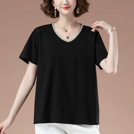 短袖t恤女夏季加肥加大码女装宽松中年妈妈全棉V领遮肚子显瘦体恤商品大图