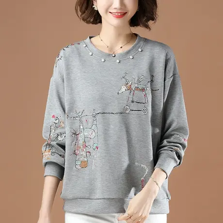 卫衣女春秋新款加肥加大码女装宽松百搭休闲刺绣圆领减龄显瘦上衣商品大图