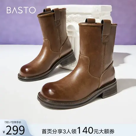 百思图冬季商场新款通勤英伦美拉德短靴粗跟女马丁靴A7309DZ4商品大图