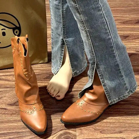 复古铆钉高筒裤管靴法式女靴子百搭西部牛仔靴骑士靴小个子长筒靴商品大图