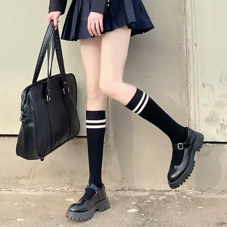 黑色jk双杠微压显瘦小腿中长筒袜子女春秋夏季薄款学院风ins商品大图
